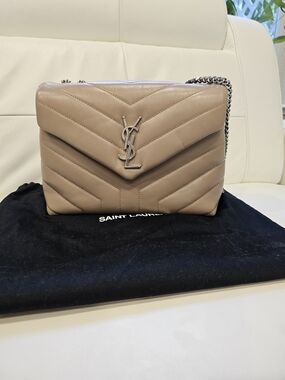 Yves Saint Laurent Quilted Chevron Shoulder Bag in Taupe